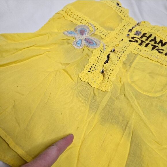 JOHNNY WAS Joystick yellow hand stitched embroidered butterfly floral tank top M - Picture 6 of 10